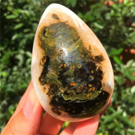 346G  Crystal carved egg of Ocean Jasper  F47