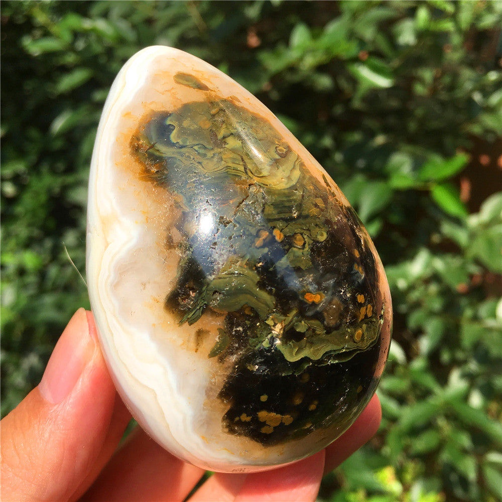 346G  Crystal carved egg of Ocean Jasper  F47