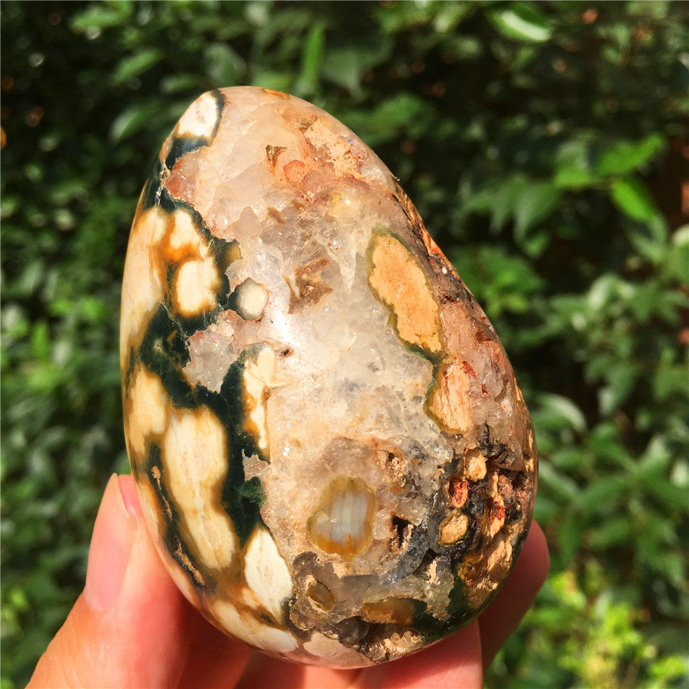 308G  Crystal carved egg of Ocean Jasper  F14
