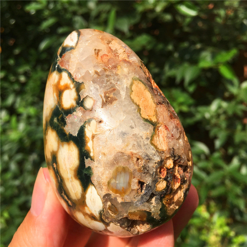 308G  Crystal carved egg of Ocean Jasper  F14