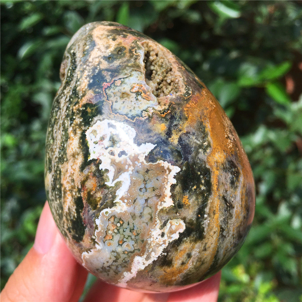 323G  Crystal carved egg of Ocean Jasper  F4