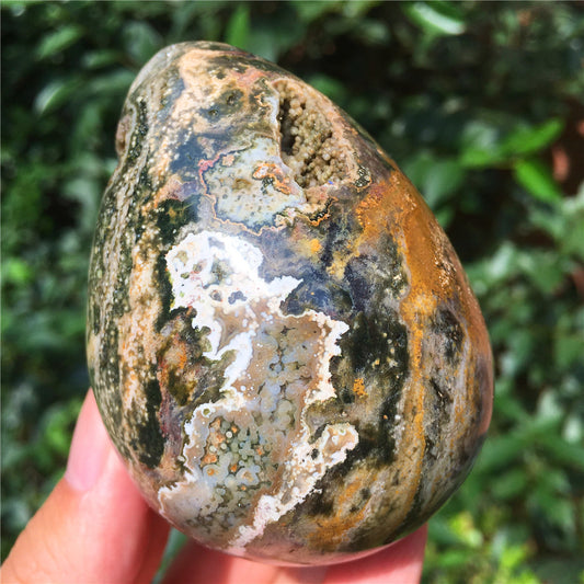 323G  Crystal carved egg of Ocean Jasper  F4
