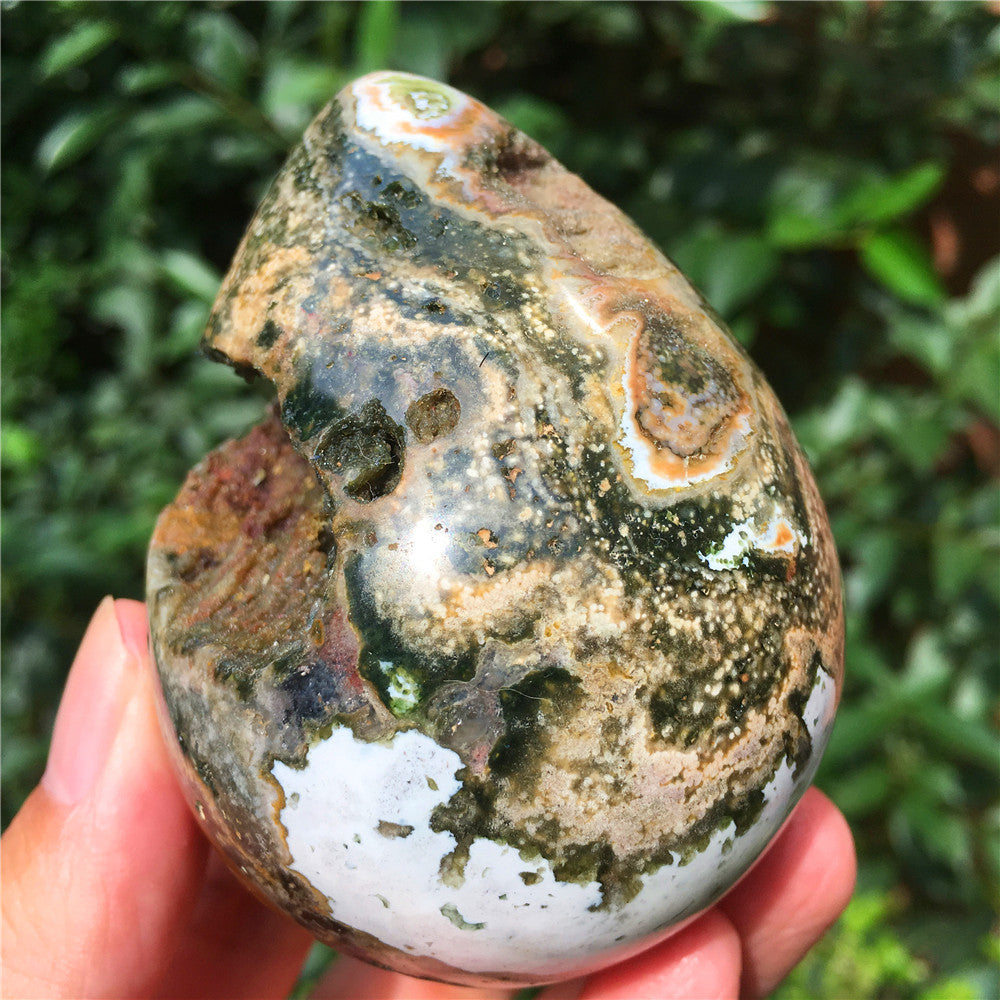 323G  Crystal carved egg of Ocean Jasper  F4
