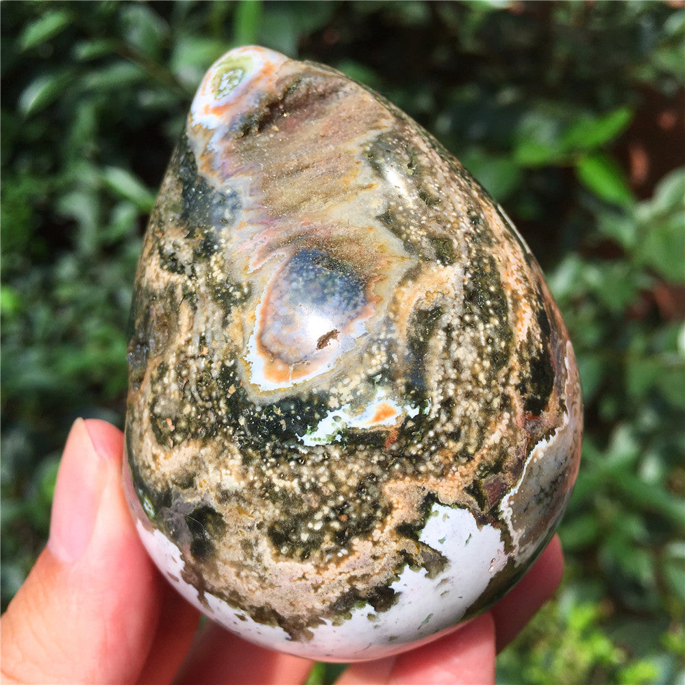 323G  Crystal carved egg of Ocean Jasper  F4