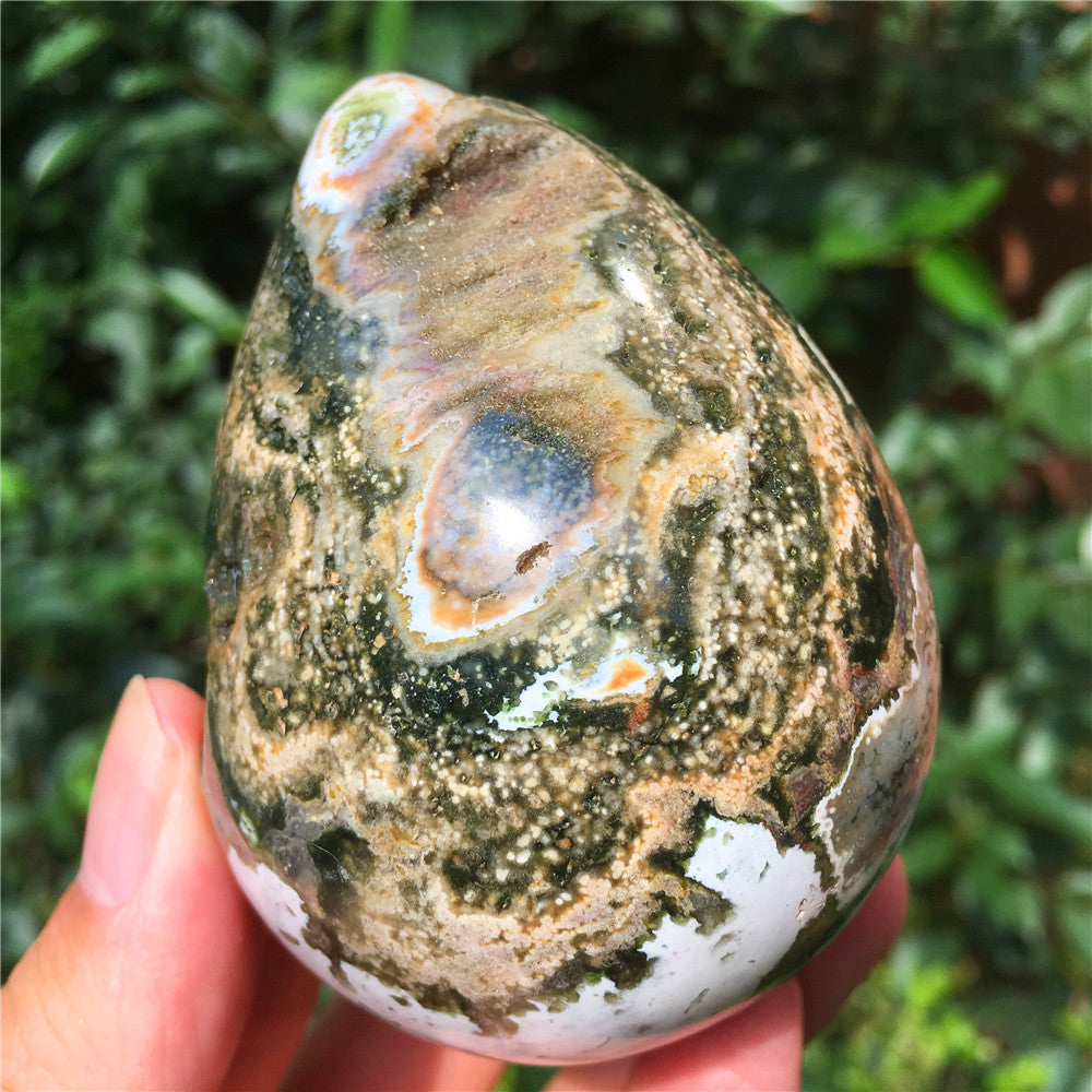 323G  Crystal carved egg of Ocean Jasper  F4
