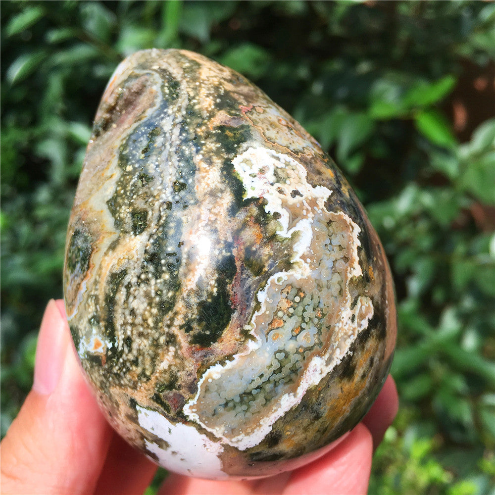 323G  Crystal carved egg of Ocean Jasper  F4