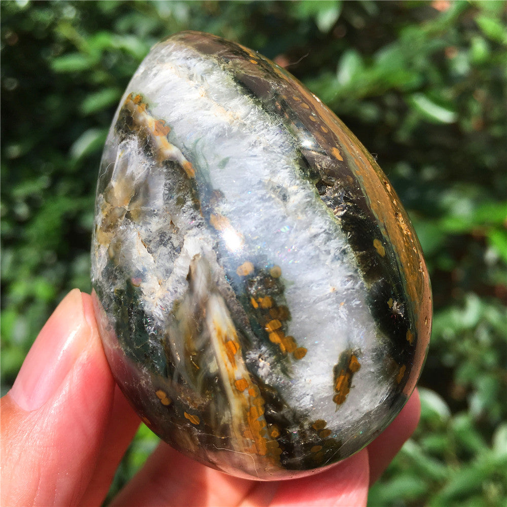 324G  Crystal carved egg of Ocean Jasper  F10