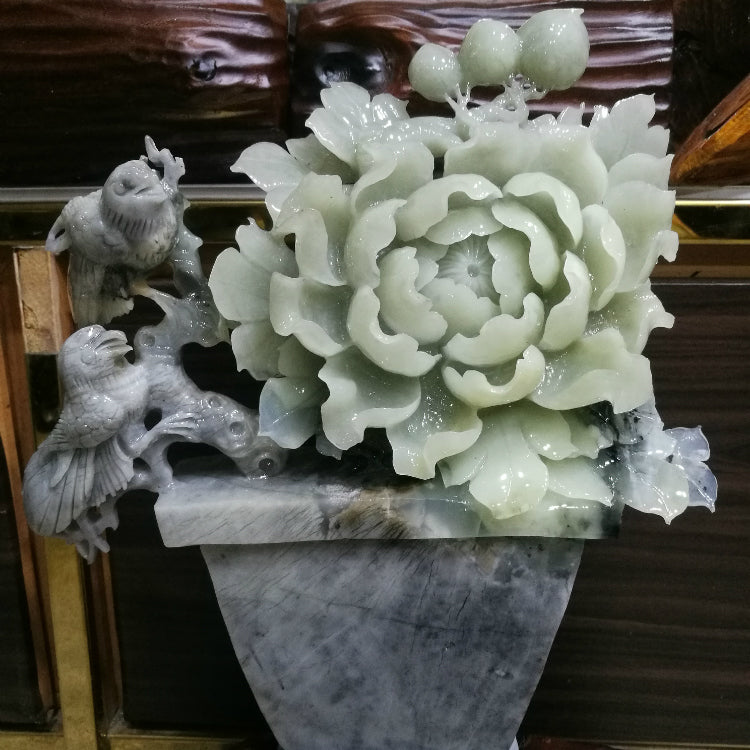 Flores orientales de jade Xiuyu que florecen, adornos ricos, boutique de flores de jade y peonía, natural tallada a mano