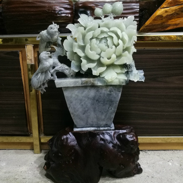 Flores orientales de jade Xiuyu que florecen, adornos ricos, boutique de flores de jade y peonía, natural tallada a mano