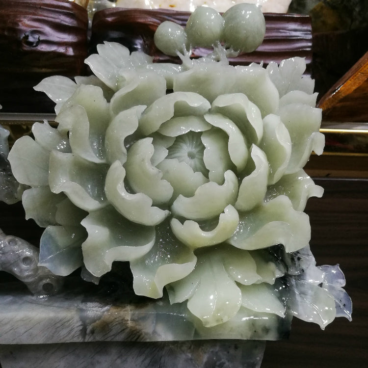 Flores orientales de jade Xiuyu que florecen, adornos ricos, boutique de flores de jade y peonía, natural tallada a mano