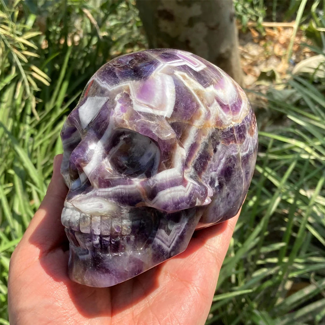 1PC 4"+ Natural Hand Dream Amethyst Skull,Quartz Chevron amethyst Skull Carved ,Home Decoration,Mineral Specimen,Crystal Reiki Healing Gift