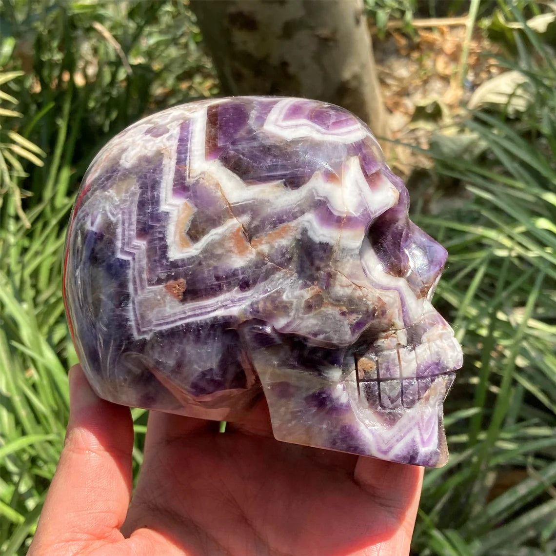 1PC 4"+ Natural Hand Dream Amethyst Skull,Quartz Chevron amethyst Skull Carved ,Home Decoration,Mineral Specimen,Crystal Reiki Healing Gift