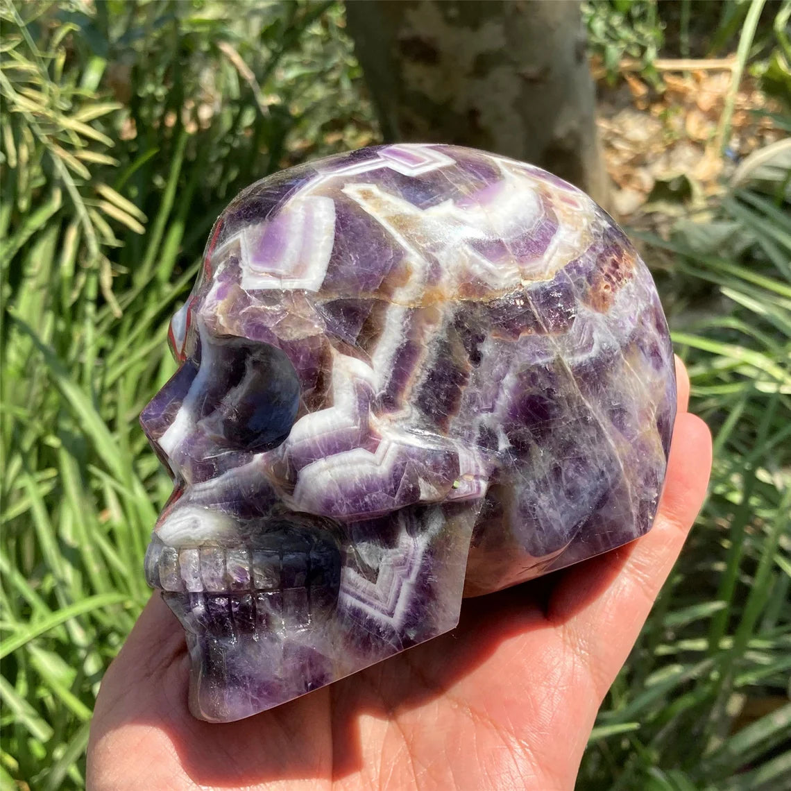 1PC 4"+ Natural Hand Dream Amethyst Skull,Quartz Chevron amethyst Skull Carved ,Home Decoration,Mineral Specimen,Crystal Reiki Healing Gift